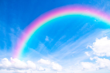 White clouds in blue sky with sunlight and rainbow, the beautiful sky with clouds have copy space for the background.