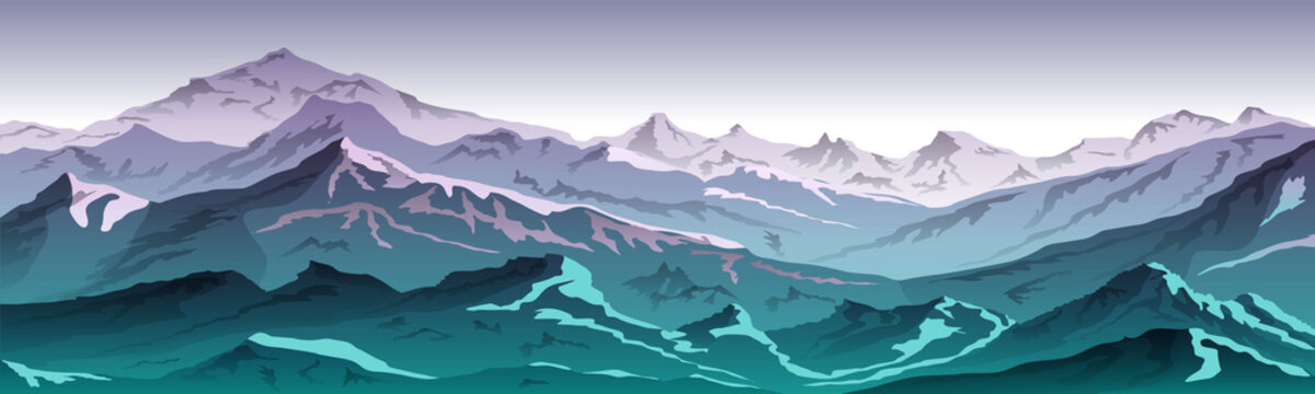 Vector Illustration Of Dark Blue Mountain Landscape During Sunset