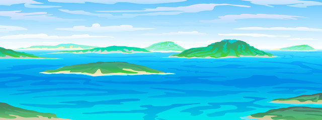 Fototapeta na wymiar vector Tropical ocean landscape with island at turquoise ocean waives with near beach. eps 10 illustration background View of blue paradise