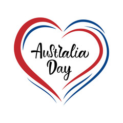 Hand drawn AUSTRALIA DAY typography poster. Celebration quotation for card, banner, logo, icon. Black lettering with blue or red heart on white background. Vector illustration