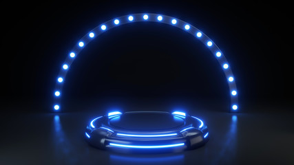 Futuristic Stage For Product Showcase With Blue Neon Light On A Black Background - 3D Illustration