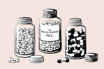 Vintage pill bottles vector illustration. A set of tablet and capsule pills in glass and plastic bottles.