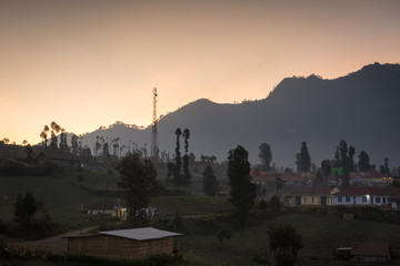 Beautiful view in the village at the foot of Mount Bromo. Mount Bromo is an active volcano and one of the most visited tourist attractions in East Java, Indonesia.