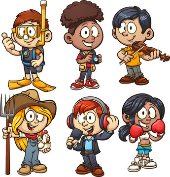 Kids using costumes for different occupations. Vector cartoon clip art illustration with simple gradients. Each on a separate layer.
