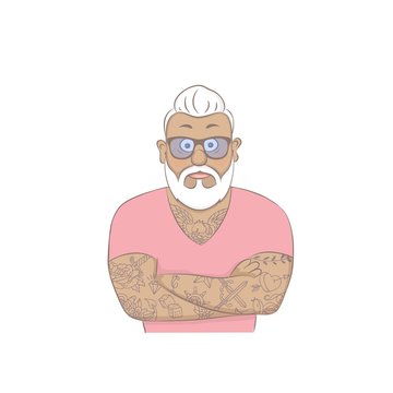 Flat cartoon hipster character, vector illustration old man with tattoo.