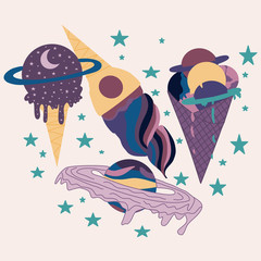 vector illustration with purple and yellow galactic ice cream and planets