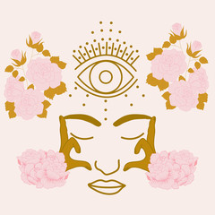 vector illustration with pink flower bouquets and golden woman face