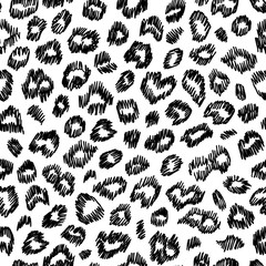 Leopard hand drawn seamless pattern. Perfect for textile. Black spots on white background. Scratch texture.