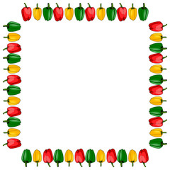 Square frame of red, yellow and green peppers on white background. Isolated frame for your design.