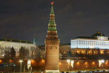 Long exposure photography of Moscow Kremlin Tower and Residence of the President of Russian Federation in winter night. 