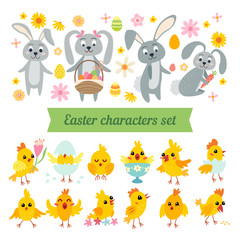 Naklejka premium Set of easter bunnies, chicks and eggs isolated icons on white background.