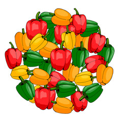 Round made of colored peppers on white background. Isolated peppers for your design.