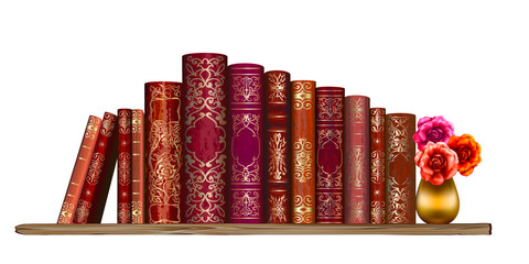 Books on the shelf. Wall sticker. Artistic, hand-drawn image of red old books with a bouquet of roses in a Golden vase standing on a shelf on a white background.