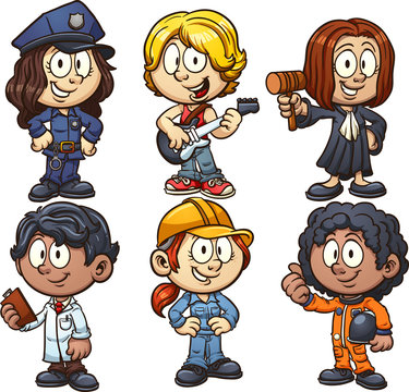 Kids using costumes for different occupations. Vector clip art illustration with simple gradients. Each on a separate layer.