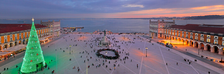 Lisbon, Portugal, panoramic view of the Praca do Comercio (Commerce Square) at sunset on christmas time © dancar