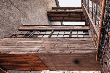 The collapsing building of constructivism. Soviet architecture. Russian architecture. Details of...