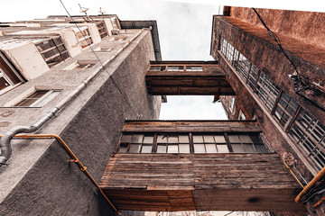 The collapsing building of constructivism. Soviet architecture. Russian architecture. Details of...