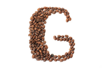 Coffee beans. Letter G made from coffee beans on a white background. Brown