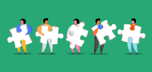 Group of people holding jigsaw puzzle. Vector