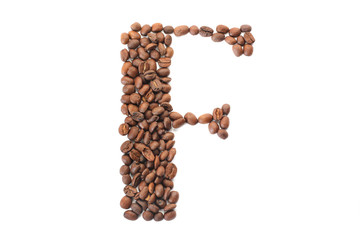 Coffee beans. Letter F made from coffee beans on a white background. Brown