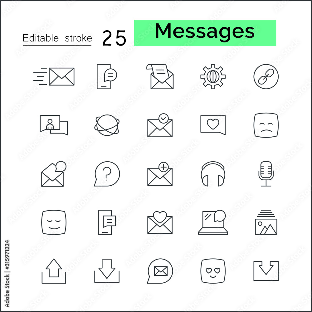 Poster media and communication message related line outline vector icons. includes such as phone calls, vid