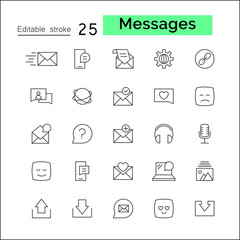 Media and communication message related Line outline vector icons. Includes such as Phone Calls, Video Chat, On-line Support and other. Editable Strok