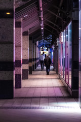 Ladengasse Einkaufszentrum Geschäft in der Stadt am Abend mit Menschen von hinten