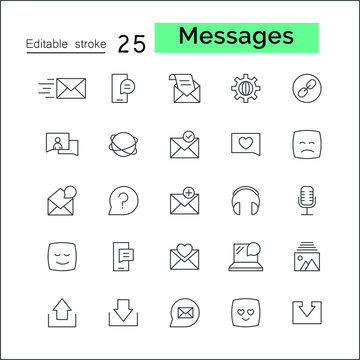 Media and communication message related Line outline vector icons. Includes such as Phone Calls, Video Chat, On-line Support and other. Editable Strok