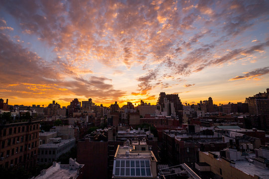 The upper west side skyline at sunset in New York City.