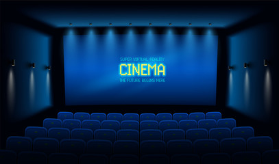Empty movie theatre. Dark cinema hall with with blue screen. Modern movies theater for festivals and films presentation. Interior design. Online Cinema concept. Vector illustration. - obrazy, fototapety, plakaty