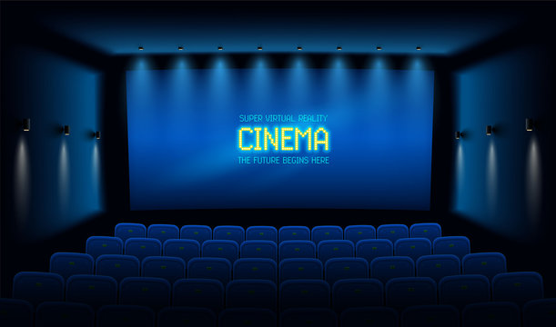 Empty movie theatre. Dark cinema hall with with blue screen. Modern movies theater for festivals and films presentation. Interior design. Online Cinema concept. Vector illustration.