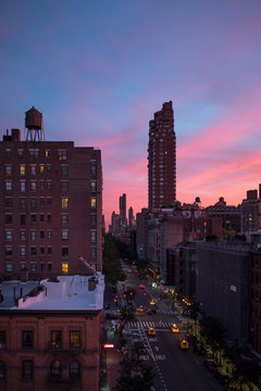 The upper west side skyline at sunset in New York City.