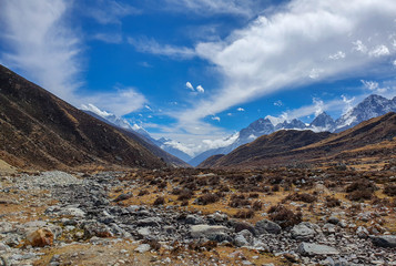 Beautiful stony landscape, view from Dragnag village. Everest base camp trek: from Gokyo to Dragnag.