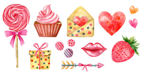 Сute objects for valentines day card: heart, sweets, candy, letter, lollipop, lip, gift box and strawberry