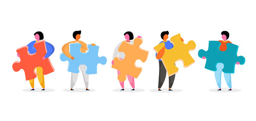 Group of people holding jigsaw puzzle. Vector