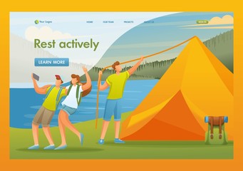 Young people actively spend their holidays in the forest, setting up a tent on the lake. Flat 2D character. Landing page concepts and web design