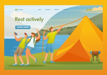 Fototapeta premium Young people actively spend their holidays in the forest, setting up a tent on the lake. Flat 2D character. Landing page concepts and web design
