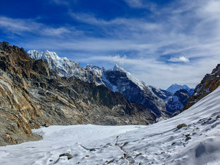 At the top of Cho La pass. Picturesque snow-capped mountain view. Everest base camp trek: from...