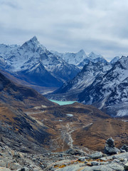 Breathtaking view on Ama Dablan Valley on the way down from Cho La pass. Everest base camp trek: from Dragnag to Dzongla via Cho La pass. Trekking in Solokhumbu, Nepal.