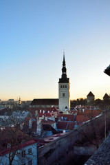 Naklejka premium View of the Church of Niguliste in Tallinn on a winter evening
