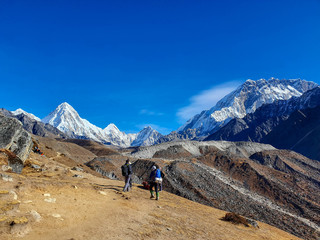 Beautiful view on Pumori mountain in the early sunny morning. Everest base camp trek: from Dzongla to Lobuche, Solokhumbu, Nepal.
