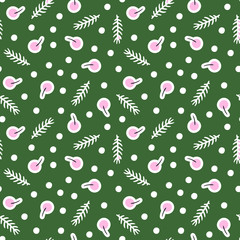Cute seamless pattern with berries, snow and pine branches on dark green. Vector background for wallpaper, fabric, wrapping paper and another design