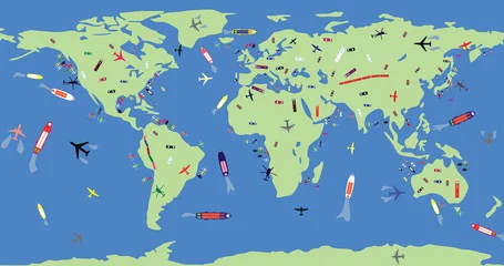 Reisen um die Welt. Flacher Globus mit Flugzeugen, Bussen, Autos, Schiffen, Zügen. Origineller und interessanter Hintergrund © Artem