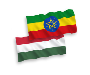 National vector fabric wave flags of Ethiopia and Hungary isolated on white background. 1 to 2 proportion.
