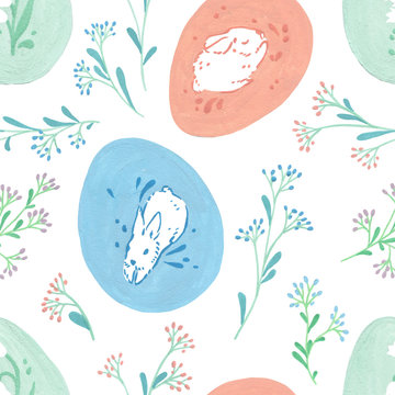  Easter eggs seamless pattern. Easter banner on white background. Paschal bunny. Holidays herbal decoration. Easter celebration blush flowers. Gift wrap wallpaper. Blossom spring decorative floral art