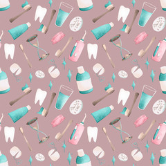 Digital illustration simple daily dental care. Seamless pattern. Print for posters, stickers, packaging.