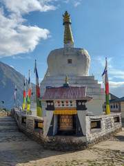 Buddhist stupa. Everest base camp trek: way down from Namche Bazar to Surke and Paiya. Himalayas, Solokhumbu, Nepal.
