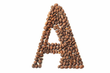 Coffee beans. Letter A made from coffee beans on a white background. Brown