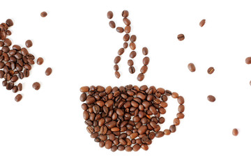 Coffee beans. A cup of coffee made from coffee beans on a white background. brown