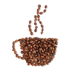 Coffee beans. A cup of coffee made from coffee beans on a white background. brown